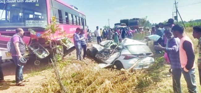 ಬಸ್ ಕಾರಿನ ನಡುವೆ ಅಪಘಾತ: ಓರ್ವ ಮಹಿಳೆ ಸಾವು 