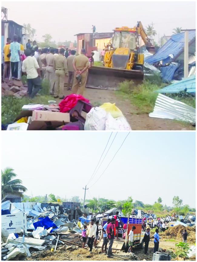 ತಾಲೂಕಾಡಳಿತದಿಂದ ಅನಧಿಕೃತ ಶೆಡ್ ಗಳ ತೆರವು ! ತೆರವು ನಿಲ್ಲಿಸುವಂತೆ ಗೋಗರೆದ ಮಹಿಳೆಯರು, ಮಕ್ಕಳು