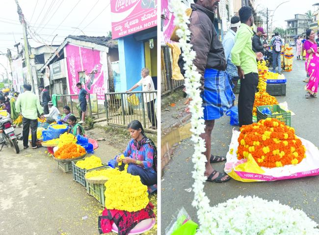ನವರಾತ್ರಿ ಪ್ರಯುಕ್ತ ಮಾರುಕಟ್ಟೆಯಲ್ಲಿ ಕಂಗೊಳಿಸುತ್ತಿದ್ದ ‘ಚೆಂಡು’ ‘ಸೇವಂತಿ’ ಹೂ   